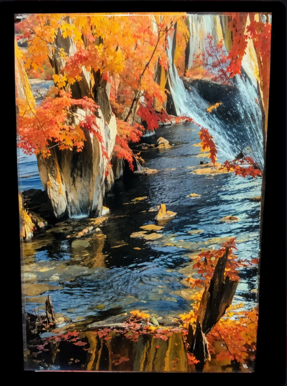 Lake and mountain scenery,The lake is sparkling,Red maple in autumn,Rocky cliffs,Colorful and distinct blend,Clear changes in light and shadow,Silky smooth and delicate watercolor painting