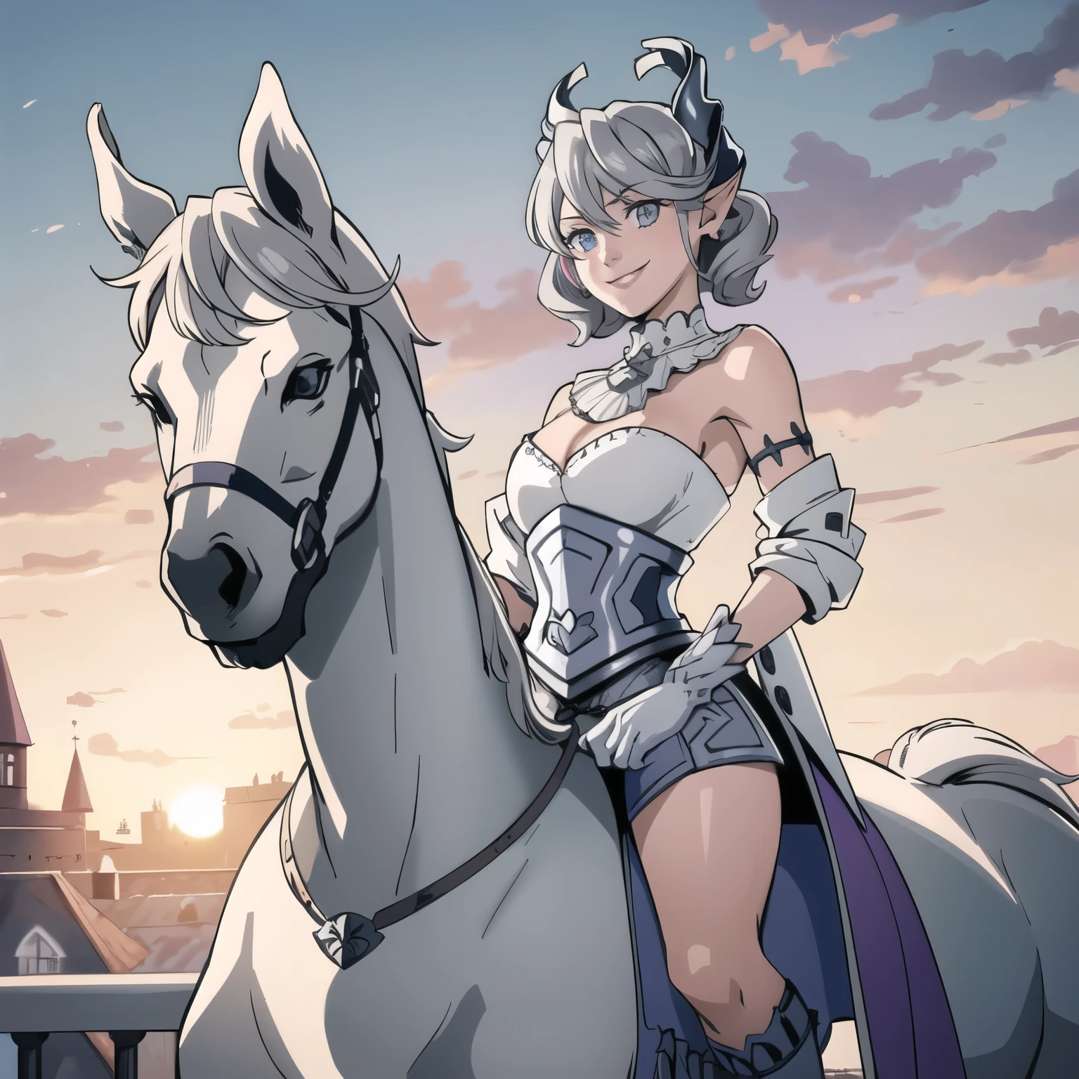 Beautiful arts wallpaper Sunset Outside castle top High level image quality best image quality 8K adult woman silver castle outside more colors whole body view portrait horn ears short hair((shortcut)(gray hair)(perm)(fluffy)) eye color is blue , , attractive evil face , smile , heroic stance , labrynth , barearm ,gloves , wearing pink , riding on horse ,
