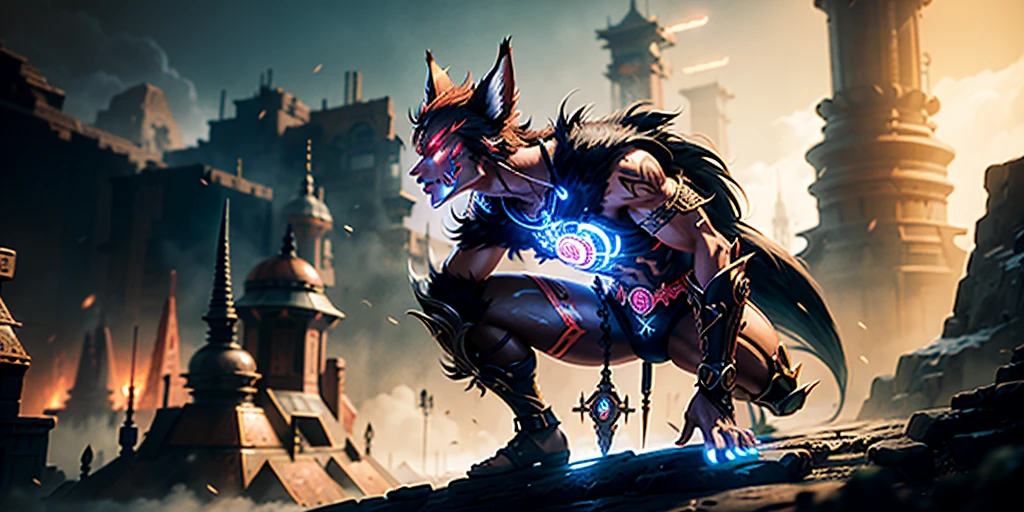 Ancient anime style, artbook, comicbook, RPG, futuristic medieval. Goblin fox warrior, dark red skin, with human face with light red glowing tribal magical tattoos, goblin base with fox features, neon details, with technological tribal armor with glowing magical markings, full body, bare feet, spear with magical markings shiny. Epic scene, wide and deep scenery, with several depth planes, stylish and dynamic pose. In the middle of a magical steampunk technological village, mixing technology and vegetation, buildings with neon details and glowing magical vegetation, magical technological airships with shiny details inspired by ships flying in the sky.