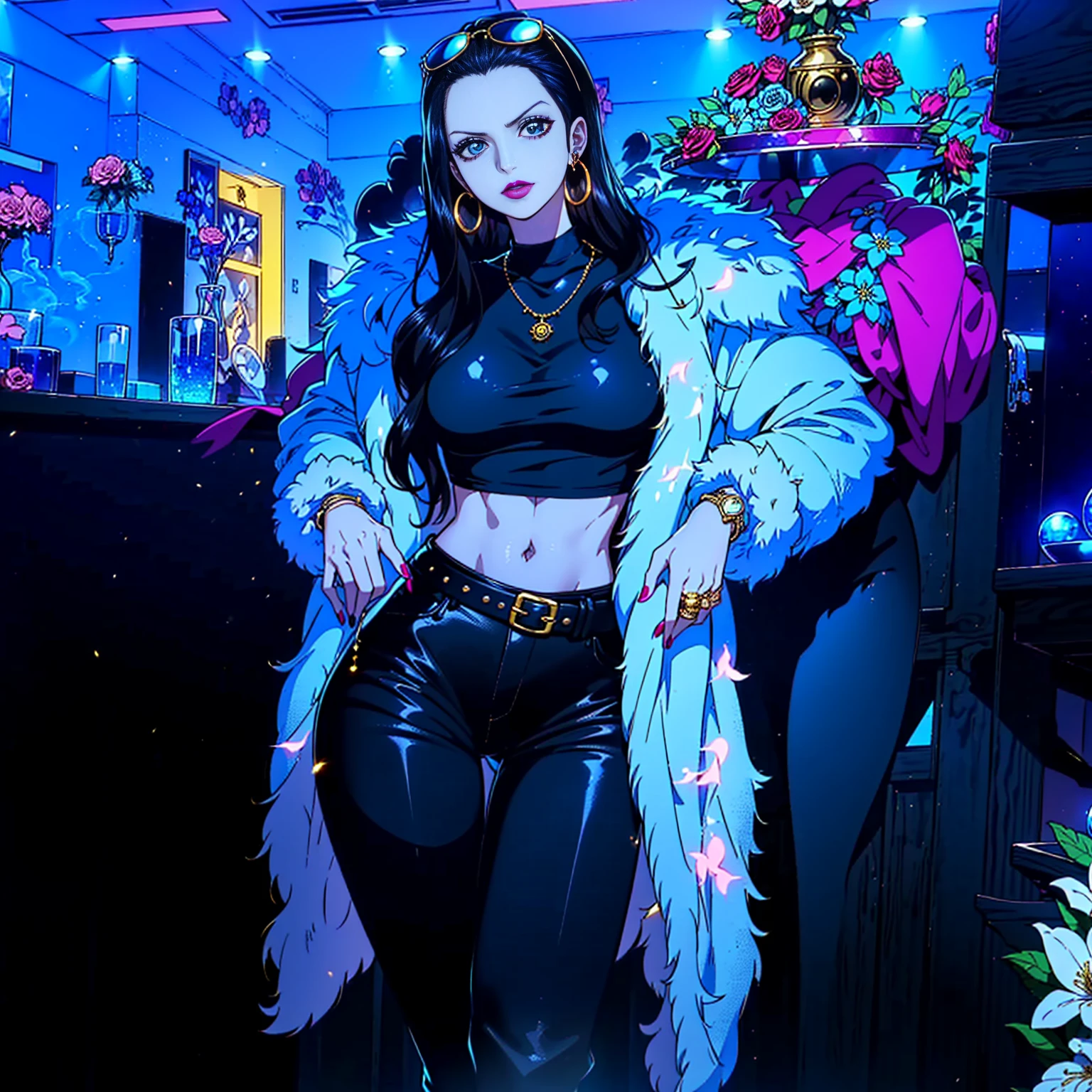 ((1girl, solo ,alone, long hair, black clothes, pink lipstick, Nico Robin, woman, (one piece) , dynamic pose,fitness, gold bracelets, ruby earrings)), ((solo, 1woman, pink lipstick, Extremely detailed, ambient soft lighting, 4k, perfect eyes, a perfect face, perfect lighting, a 1girl)), austere, ((fur coat, white fur coat, gray shirt, black pants, belt with gold buckle, sunglasses, sapphire necklace, sapphire earrings, party, colored lights, smoke, vip room, flowers))