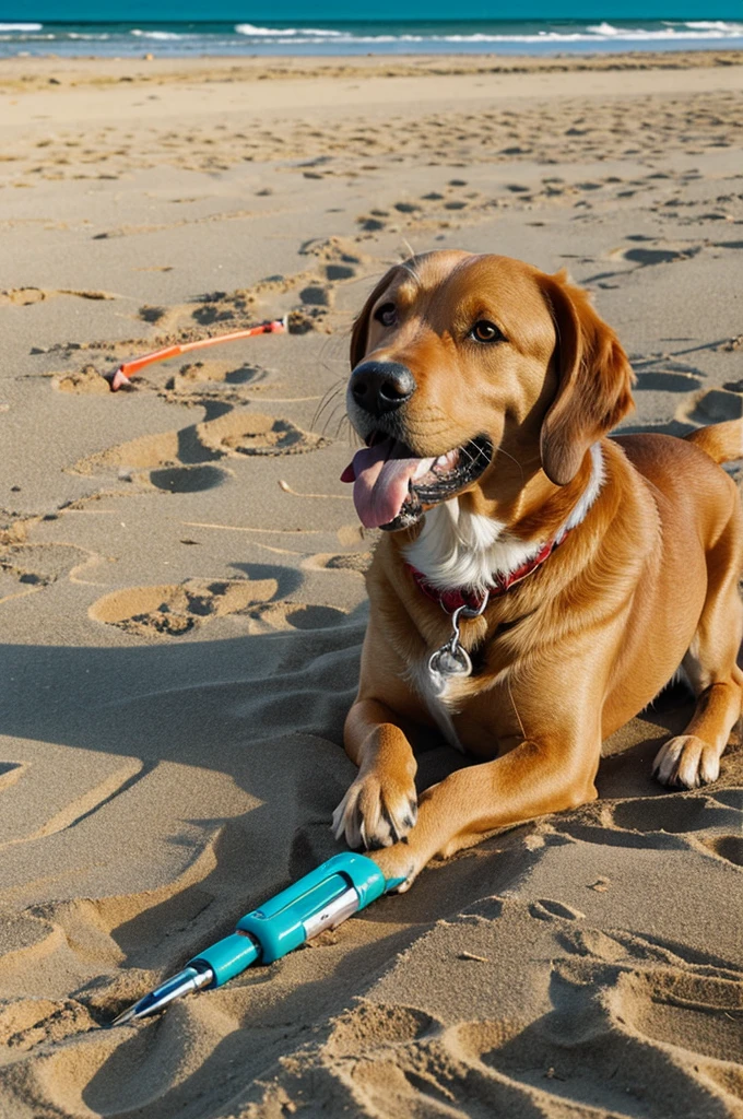 Dog eating pen on the beach