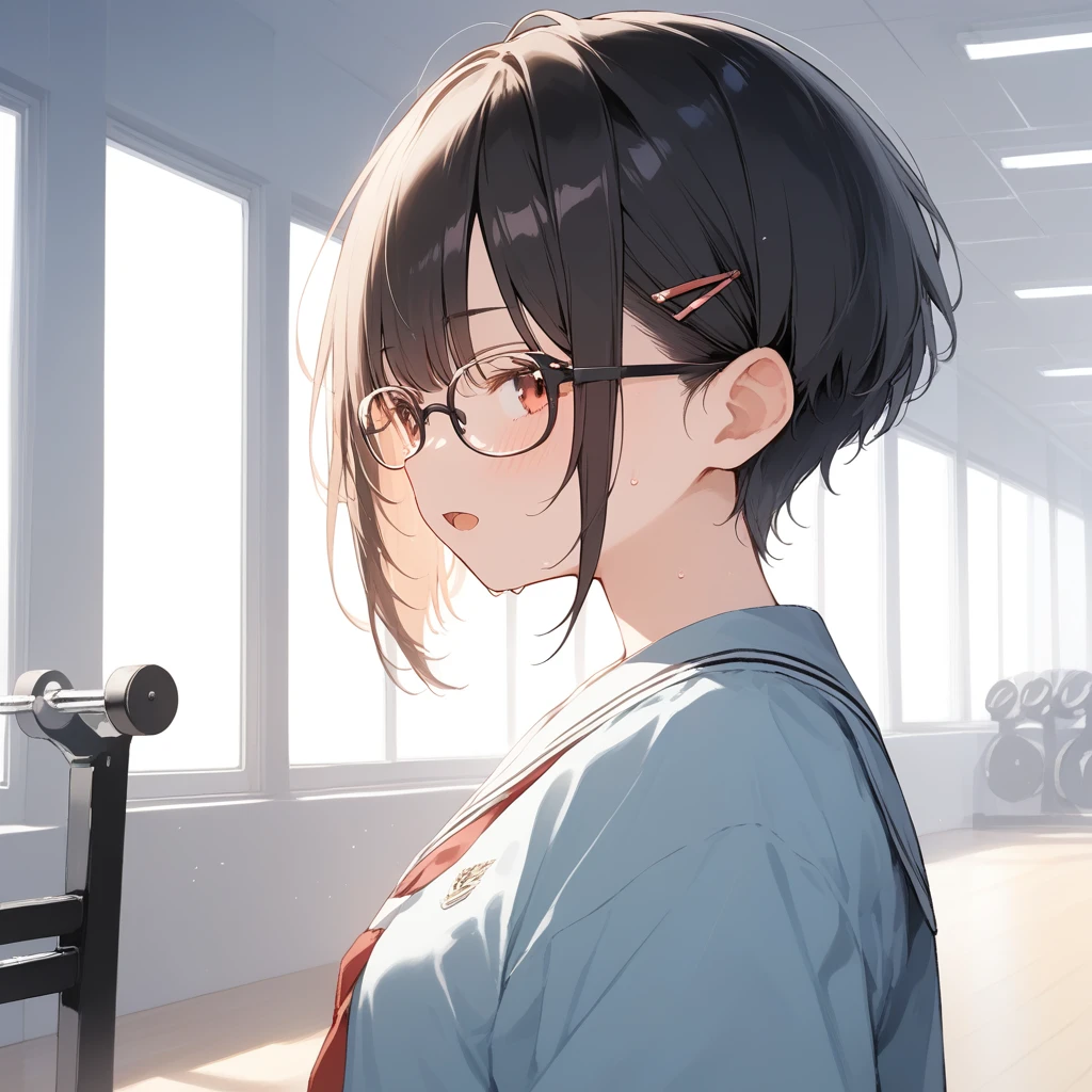 score_9, score_8_up, score_7_up, source_anime, best quality, masterpiece, official art, absurdres, highres, ultra-detailed,waifu2x,Collection: Slice of Life,break,1girl, very short hair,pixie cut, long bangs, glasses, uniform, small breasts, sweat, open mouth, (wavy mouth:0.3), indoors, gym, stretching, summer, break,(clear line illustration:1.2),very high resolution, very aesthetic, super detailed skin, Best sexual lighting powered by famous artist, 8k,cute picture,beauty illustration,photoshop_(medium),,(Detailed Lighting),best anime 8k konachan wallpaper, pixiv contest winner,