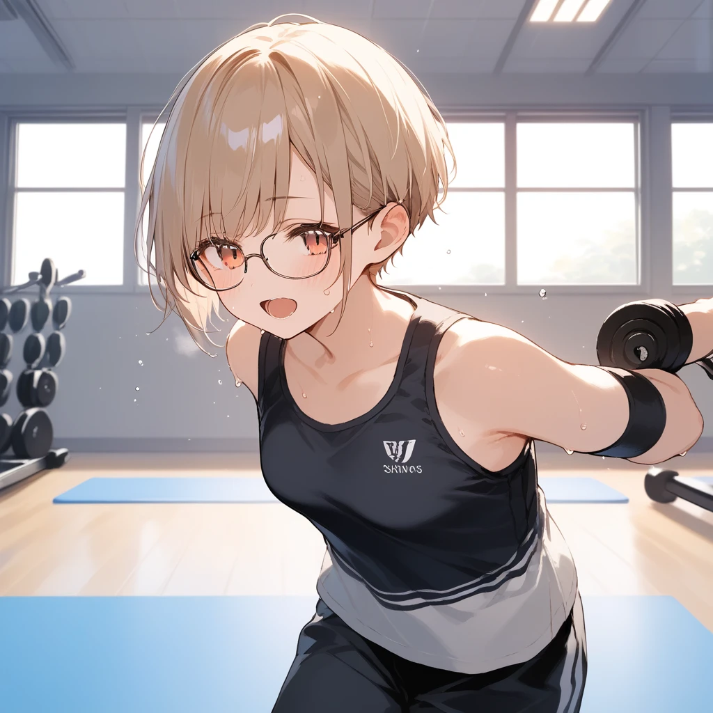 score_9, score_8_up, score_7_up, source_anime, best quality, masterpiece, official art, absurdres, highres, ultra-detailed,waifu2x,Collection: Slice of Life,break,1girl, very short hair,pixie cut, long bangs, glasses, uniform, small breasts, sweat, open mouth, (wavy mouth:0.3), indoors, gym, stretching, summer, break,(clear line illustration:1.2),very high resolution, very aesthetic, super detailed skin, Best sexual lighting powered by famous artist, 8k,cute picture,beauty illustration,photoshop_(medium),,(Detailed Lighting),best anime 8k konachan wallpaper, pixiv contest winner, 