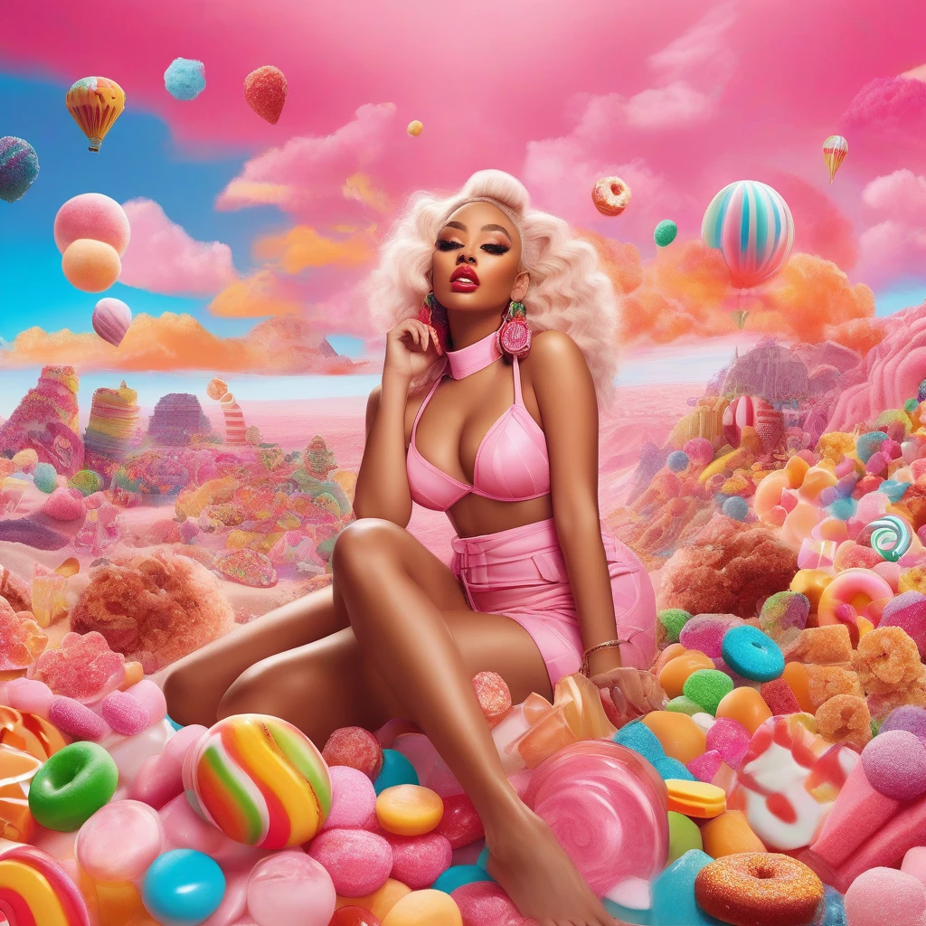 advertising poster, Promotional Photo of the Single Pop Rap CALIFORNIA GIRLS by the artist called Doja Cat, in the pink clouds dressed in bikinis, spread across the image various sweets, candies, lollipops, jellies, hair down to the feet, big ass, perfect body, landscape fantastic,