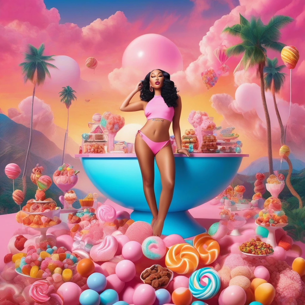 advertising poster, Promotional Photo of the Single Pop Rap CALIFORNIA GIRLS by the artist called Doja Cat, in the pink clouds dressed in bikinis, spread across the image various sweets, candies, lollipops, jellies, hair down to the feet, big ass, perfect body, landscape fantastic,