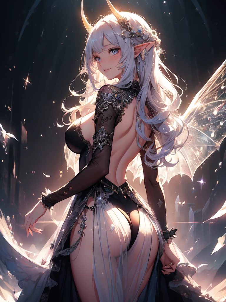 最高quality、1 woman elf、Succubus、(( back shot))、beautiful瞳、beautiful装飾のパンティ、Devil decoration on head、Ice Sword、最高quality , fractal art.Ice Throne、Ice Palace、Bikini Armor、beautiful大きなお尻、 ((smile、))((see-through underwear ))SMqueen、beautiful横顔、Orgasm、Ecstasy、Devil's World、ice World、Bigger on the front、 beautiful輝き,High-definition depiction, Realistic, 8K, Unity, beautiful太もも,,Giant Devil's Wings、虹colorに輝く翼、、 light smile, Beautifully and vividly drawn, , beautiful beautiful透き通る肌、輝くbeautiful装飾の魔法、Giant horns、 demon king、、beautiful装飾の角、 , beautiful、 Romanticism,mosquito。 混沌の最もbeautiful形, Mr..々 Intertwined flowers, P article,Magical gentle light,smile,,image quality、masterpiece、beautiful顔、Super beautiful elf woman((Big breasted 22 year old office lady、Bust 120,Beautiful long ironed hair、Silver Hair、height: 165cm。、Esbian、、高quality、、Visual Arts、最high quality、1 woman elf NP: Worst quality ,beautiful fractal art Marble pillar、、、light、Beautiful radiance,High-definition depiction, Realistic, 8K, Unity, , light smile, Beautifully and vividly drawn, , Beautiful, beautiful, clear skin、 ((see-through BLACK dress,))Countless rays of light pouring down, Swirling Light, big background, , Intense light is emitted from the magic circle in front of the girl. Romanticism,Cowboy Shot: quality