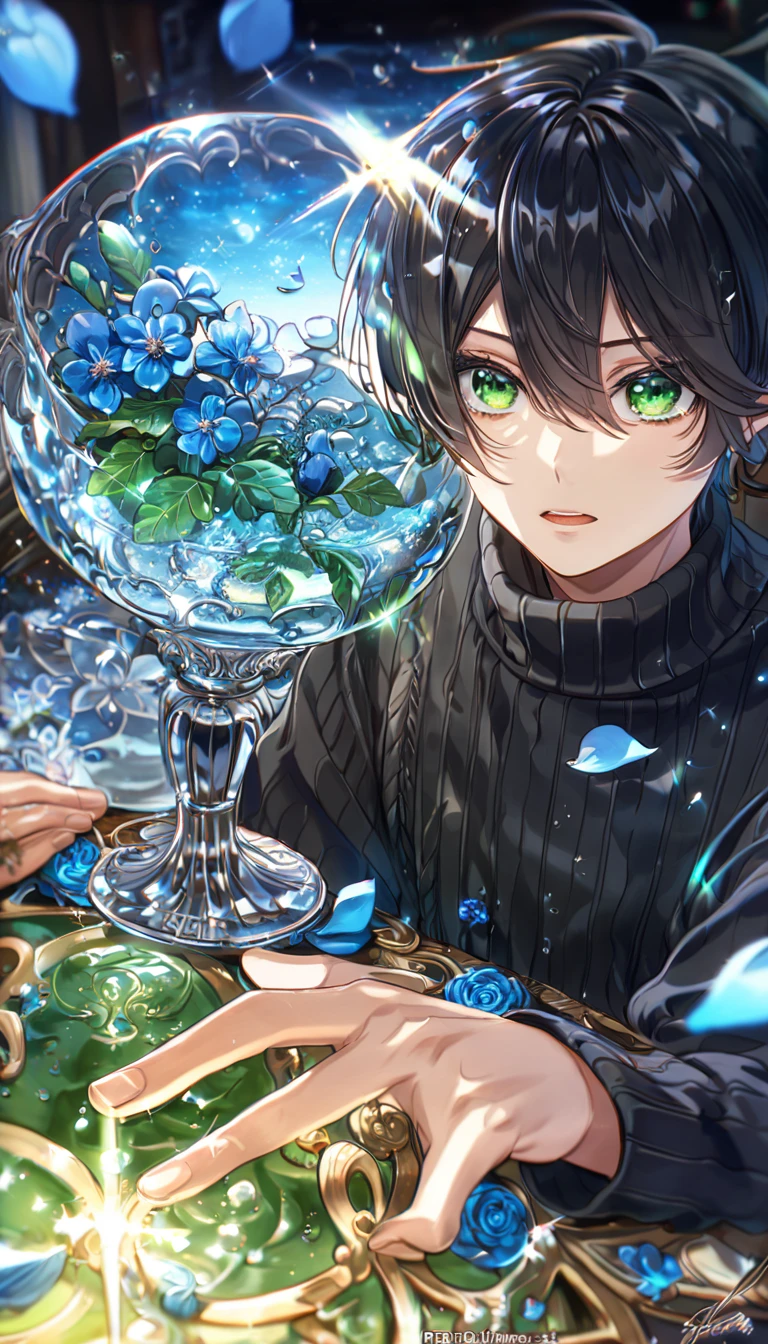 absurdres, highres, ultra detailed, HDR, master piece, best quality, extremely detailed, Rokujou Miharu, black hair, expressive green eyes, Nabari No Ou, solo, man, handsome, black sweater, magical, fantasy, glittering, sparkling, glass, blue flowers, blue petals, water, blue moon