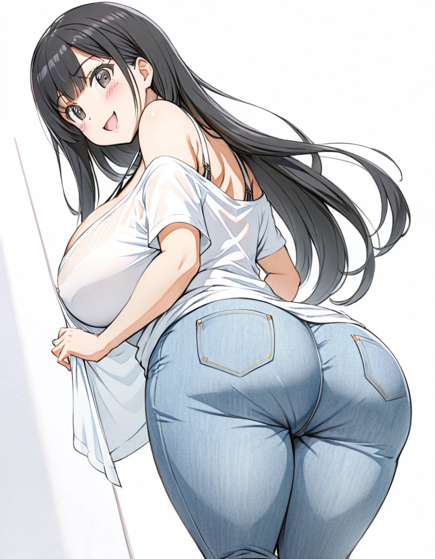 1woman,solo,milf,mature female,medium long hair,black hair,asymmetrical bangs,black eyes,plump,large breasts, oversized_white_t-shirt,(red_bra_under_shirt:0.6),bra_visible_through＿clothes,skin-tight_denim-pants,standing,leaning_forward,bare_one_shoulder,looking_back,surprise:0.6,smile:0.4,blush:0.6,open_mouth,back,from_behind,from_below,hip_focus1.4,