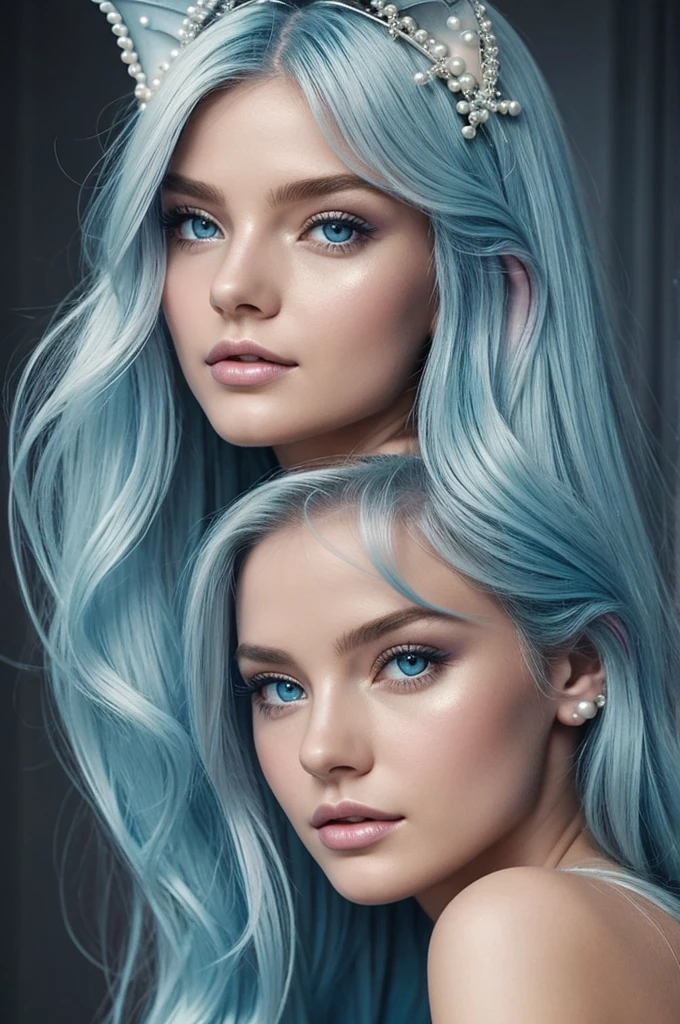 A siren girl. She had an angelic appearance, her skin was pearl-colored although the tips of her fingers were a gradient blue. On her face he also had small gradients of pastel colors near her eyes that looked like scales, and her ears were pointed at the end of them they also had a blue gradient. Her hair was long and it were as shiny as silver and is around 27 years old