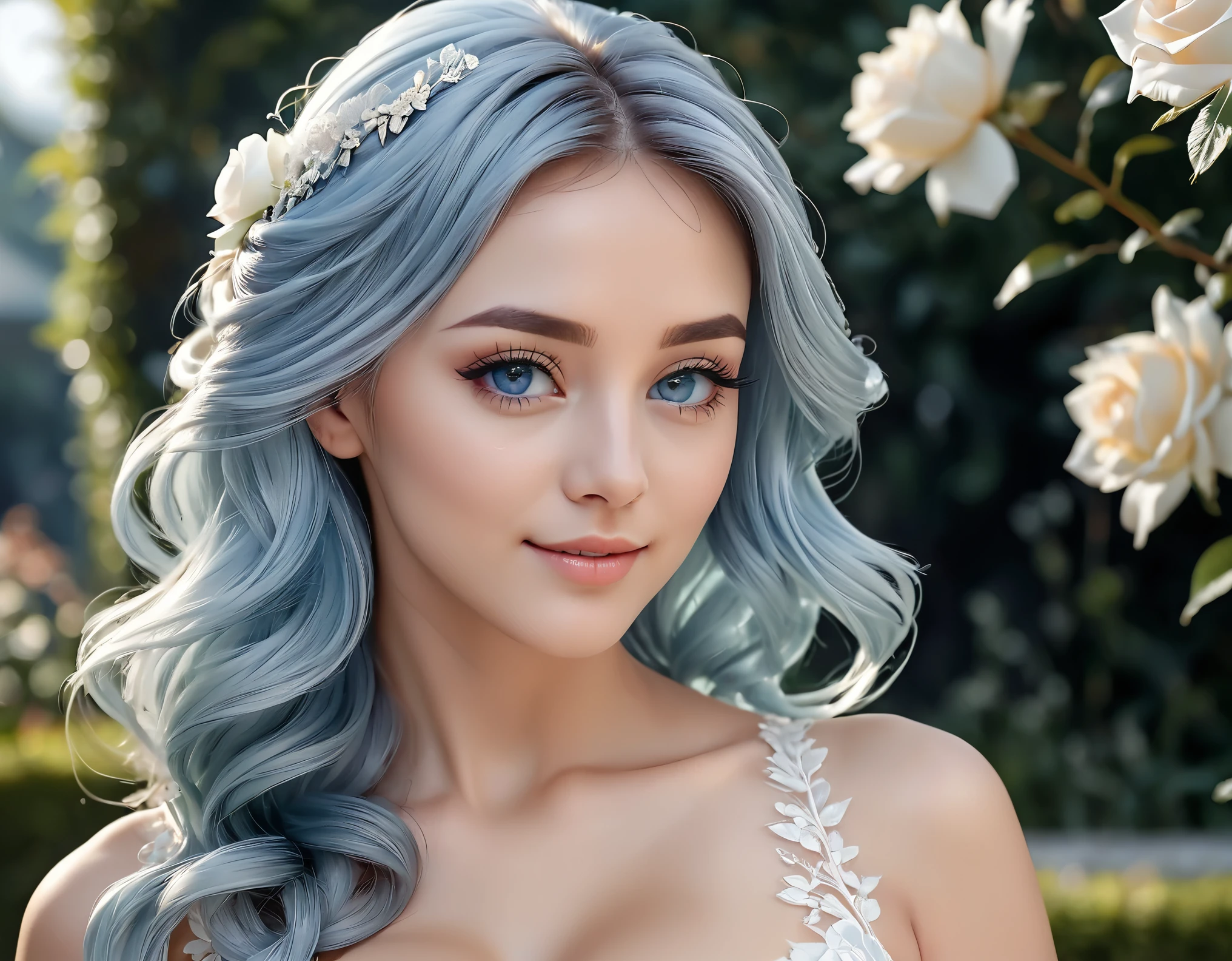 (masterpiece, best quality, beautiful and aesthetic:1.3), side view, look back, 1 lady, Happy,  smirk,  (sliver hair Gradient light blue hair:1.6), Absurdly long hair, half updo half up half down, wavy end, shiny hair, Flowing hair, (glowing blue eyes), Exquisite eyes, Aqua eyes, Super high detail eyes, long upper eyelashes, cosmetic, focus on face, Very rich facial details, Pretty Face, Perfect breasts, Hot body, (The skin texture is delicate:1.2), white Wedding dress, Lace-trimmed dress, transparent, Wedding dress, outdoor, White Rose, garden, morning, Everlasting, Very detailed, detailed background, Octane Render, shallow depth of field