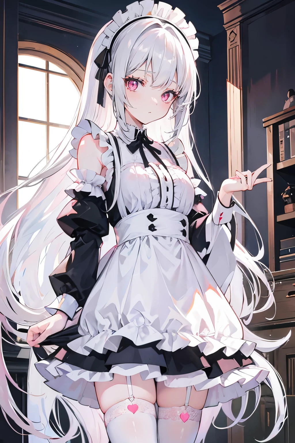 Silvery white long hair，Pink Eyes，Off-the-shoulder maid outfit，girl，Heart of Love，Medium，White Stockings，Expressionless，A horsetail，In a big house，cleaning，