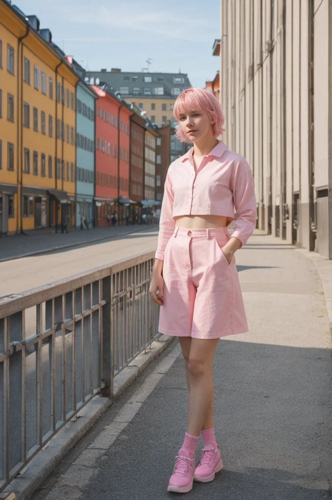 her name is Annie, high quality, 1girl, ((20-year-old fit Caucasian woman)), ((20 years old)), ((fit)), short pink colored hair, pose: standing, wearing bright colored unique gen Z modern wear, BACKGROUND: Grew up in the scenic city of Stockholm, where the archipelago meets sophisticated urban design and rich history.