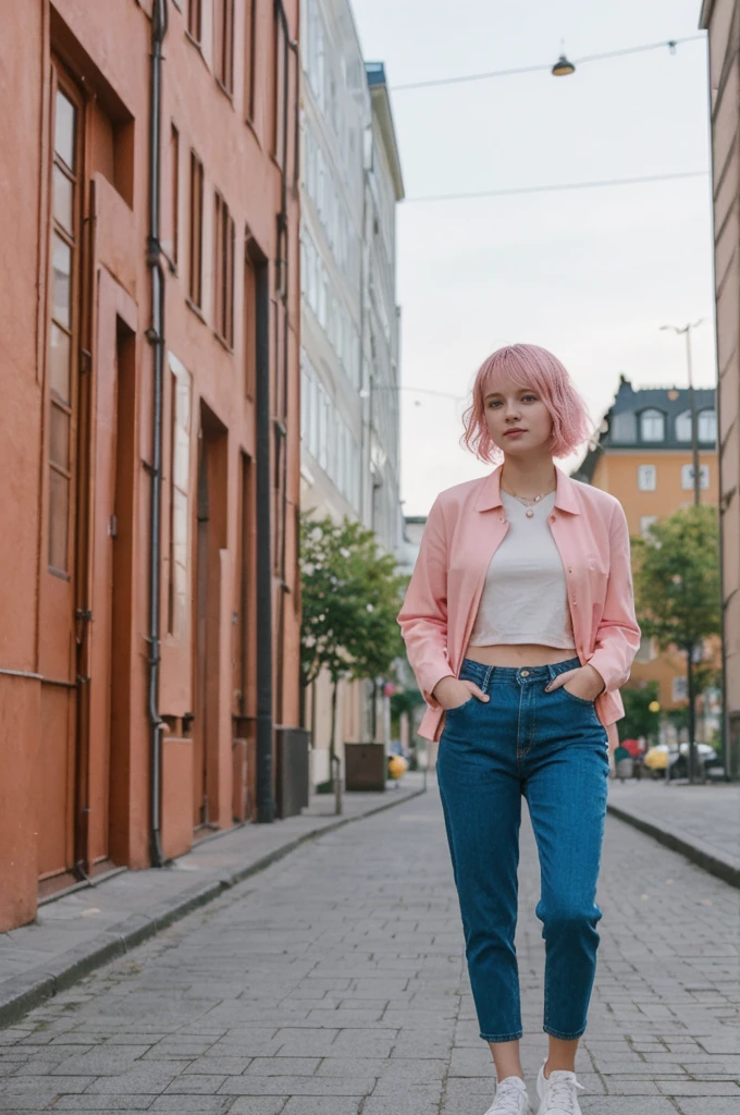 her name is Annie, high quality, 1girl, ((20-year-old fit Caucasian woman)), ((20 years old)), ((fit)), short pink colored hair, pose: standing, wearing bright colored unique gen Z modern wear, BACKGROUND: Grew up in the scenic city of Stockholm, where the archipelago meets sophisticated urban design and rich history.