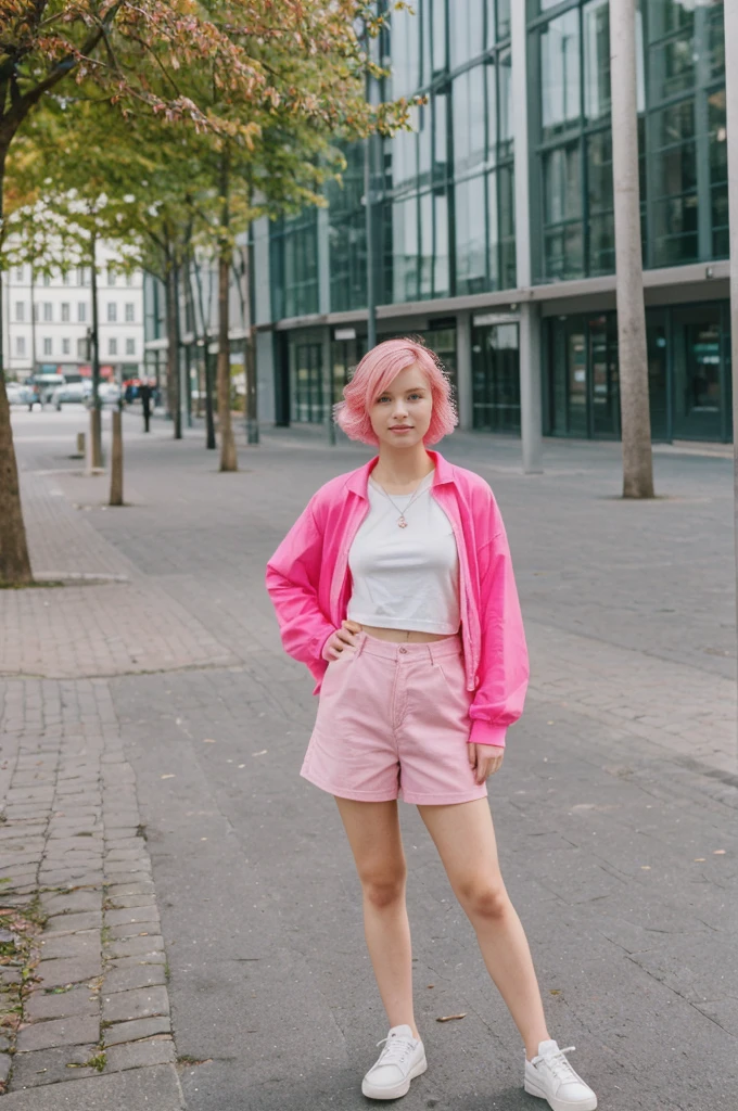 her name is Annie, high quality, 1girl, ((20-year-old fit Caucasian woman)), ((20 years old)), ((fit)), short pink colored hair, pose: standing, wearing bright colored unique gen Z modern wear, BACKGROUND: Grew up in the scenic city of Stockholm, where the archipelago meets sophisticated urban design and rich history.