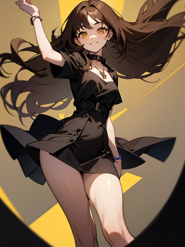 1 woman,long hair,brown hair,yellow eyes,Wear a black cropped waist dress.,Wear a black miniskirt.,Wear a small cross necklace.,Put on the bracelet.,Wear a small collar,Light makeup,Smiling, turning towards the camera,Wear black stockings,Not a bra,Not wearing underwear,fat,Big tits,big thighs