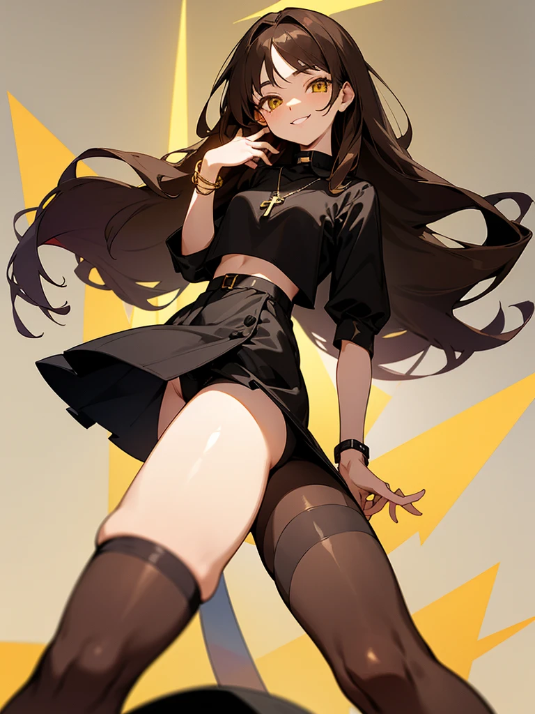 1 woman,long hair,brown hair,yellow eyes,Wear a black cropped waist dress.,Wear a black miniskirt.,Wear a small cross necklace.,Put on the bracelet.,Wear a small collar,Light makeup,Smiling, turning towards the camera,Wear black stockings,Not a bra,Not wearing underwear,fat,Big tits,big thighs