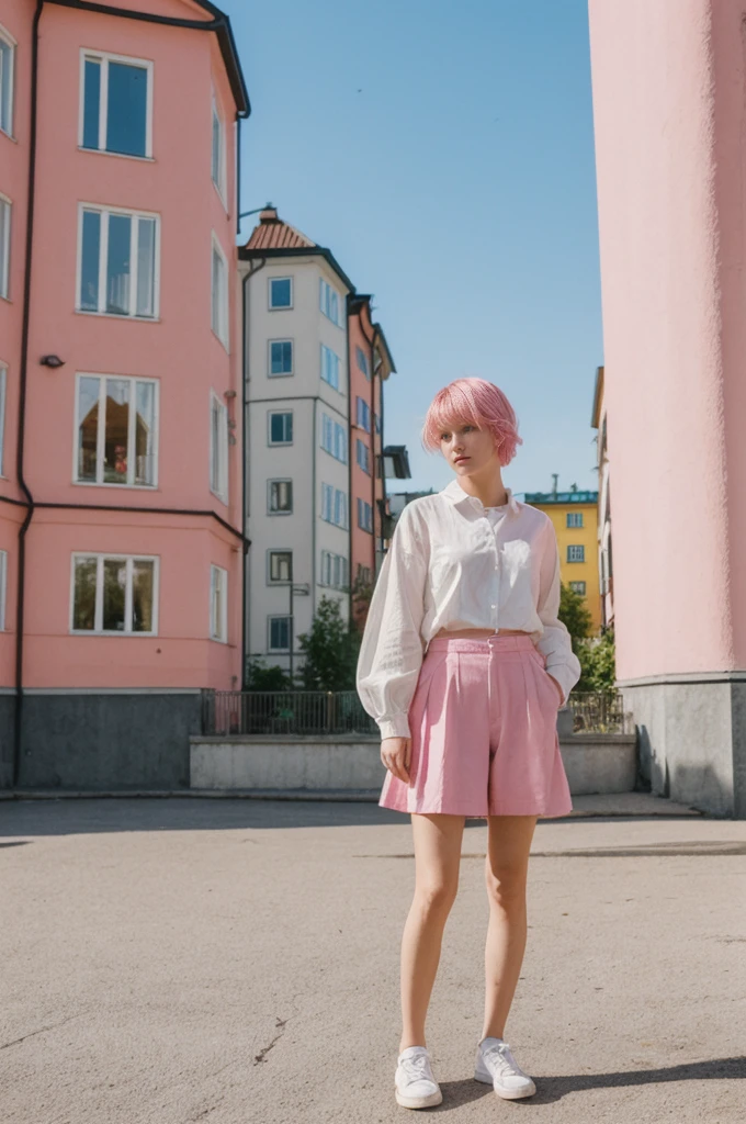 her name is Annie, high quality, 1girl, ((20-year-old fit Caucasian woman)), ((20 years old)), ((fit)), short pink colored hair, pose: standing, wearing bright colored unique gen Z modern wear, BACKGROUND: Grew up in the scenic city of Stockholm, where the archipelago meets sophisticated urban design and rich history.