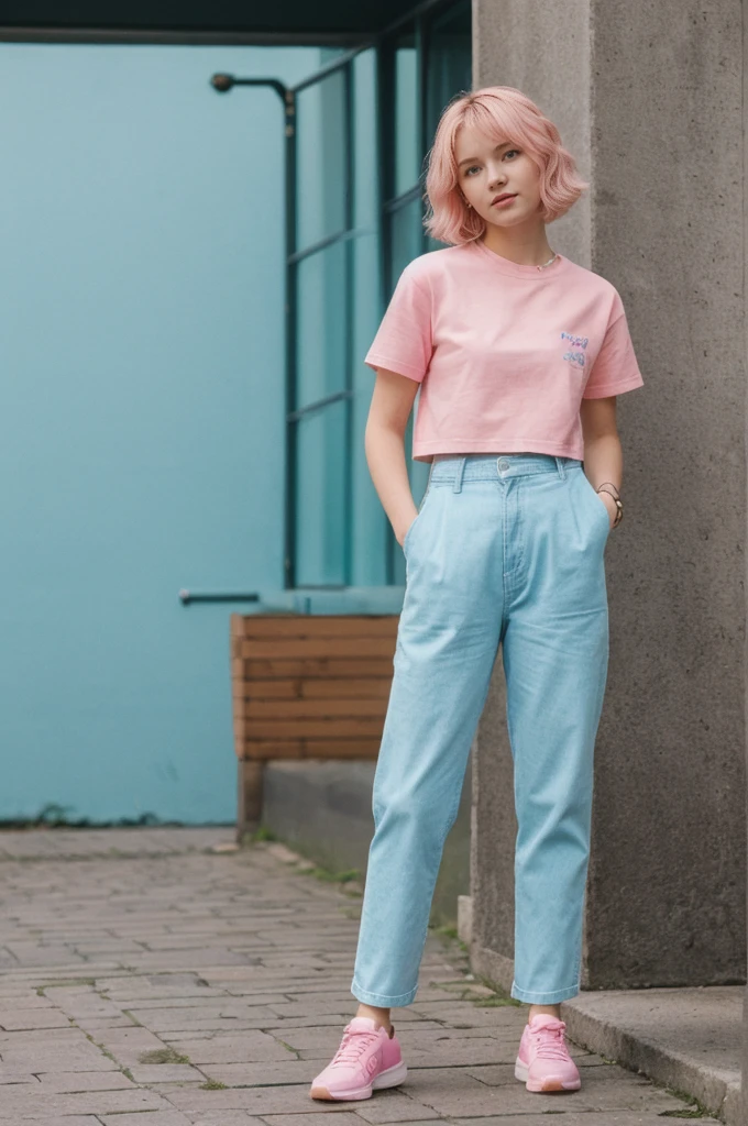 her name is Annie, high quality, 1girl, ((20-year-old fit Caucasian woman)), ((20 years old)), ((fit)), short pink colored hair, pose: standing, wearing bright colored unique gen Z modern wear, BACKGROUND: Grew up in the scenic city of Stockholm, where the archipelago meets sophisticated urban design and rich history.