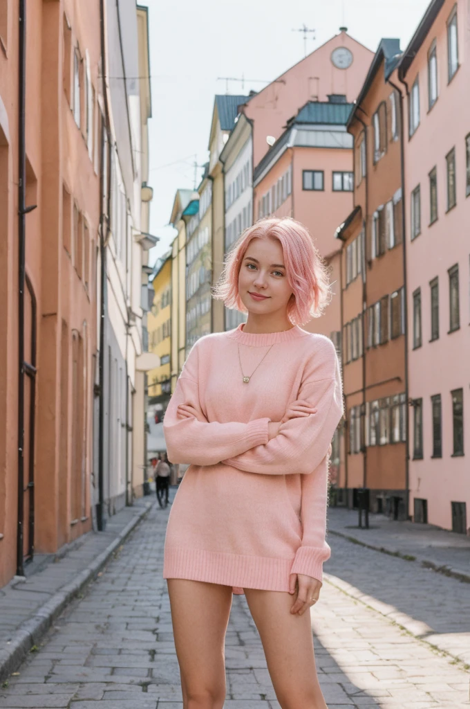 her name is Annie, high quality, 1girl, ((20-year-old fit Caucasian woman)), ((20 years old)), ((fit)), short pink colored hair, pose: standing, wearing bright colored unique gen Z modern wear, BACKGROUND: Grew up in the scenic city of Stockholm, where the archipelago meets sophisticated urban design and rich history.