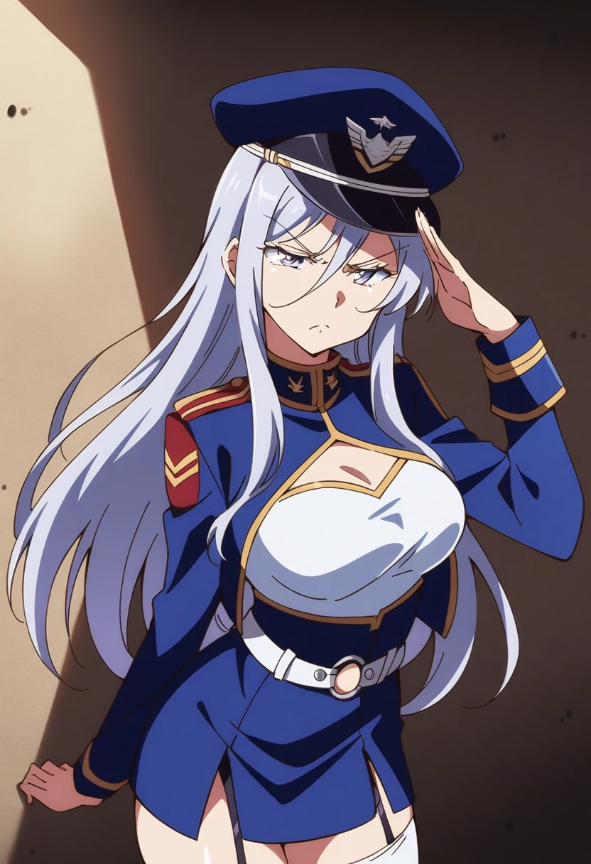 anime art style, 2d, masterpiece, best quality, very aesthetic, absurdres, dynamic shadows, atmosferic, vladilena_millize, (1girl), ((silver hair)), long hair, (silver eyes), narrowed eyes, detailed eyes, ahoge, hair between eyes, bangs, medium breasts, angry, military, military uniform, ((uniform cutout)), cropped jacket, peaked cap, blue headwear, blue jacket, white shirt, blue miniskirt, high-waist skirt, black garter straps, white thighhighs, o-ring belt, white belt, ((cowboy shot)), standing, salute, ((from front)), bunker, walls, cell-lights, looking at viewer