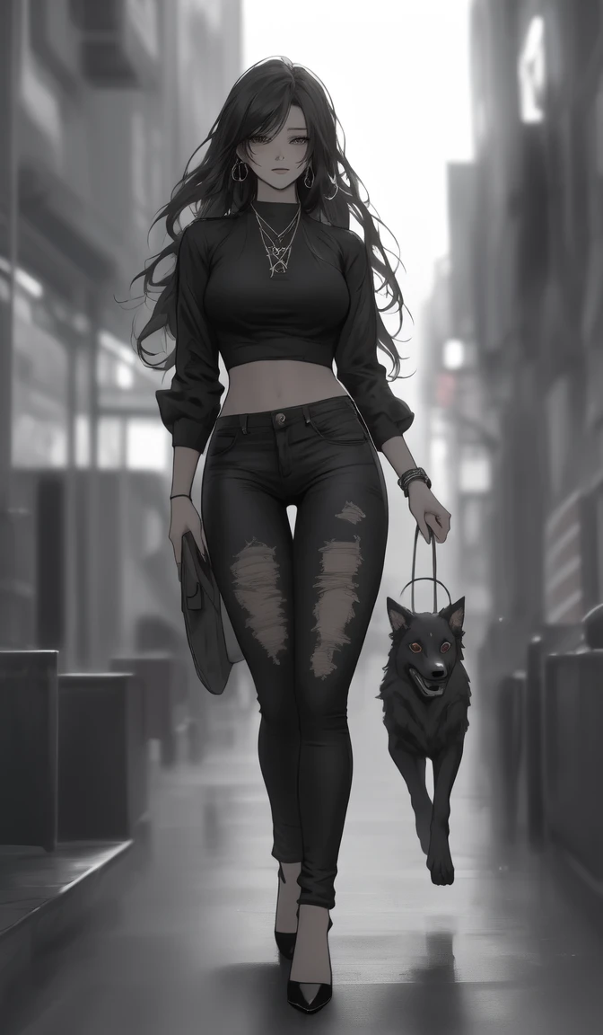 photo realism anime style Yusuke murata art with a big wolf at his side Goddess phoenix girl chunli + Sakura perky breasts with cropped wavy hair v-cut dress v-cut ripped jeans wearing high heels walking on a dark gloomy street scared style photo realism, fully detailed drawing in black and monochrome bench and only the eyes in strong red 
