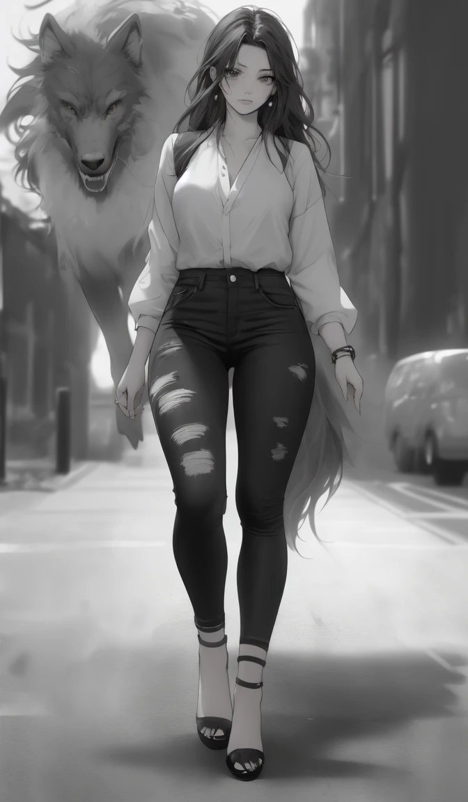 photo realism anime style Yusuke murata art with a big wolf at his side Goddess phoenix girl chunli + Sakura perky breasts with cropped wavy hair v-cut dress v-cut ripped jeans wearing high heels walking on a dark gloomy street scared style photo realism, fully detailed drawing in black and monochrome bench and only the eyes in strong red 
