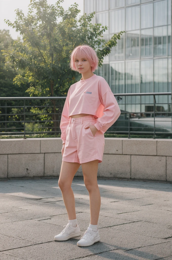 her name is Annie, high quality, 1girl, ((20-year-old fit Caucasian woman)), ((20 years old)), ((fit)), short pink colored hair, pose: standing, wearing bright colored unique gen Z modern wear, BACKGROUND: Grew up in the scenic city of Stockholm, where the archipelago meets sophisticated urban design and rich history.