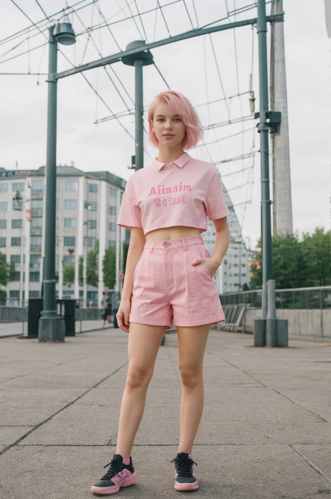her name is Annie, high quality, 1girl, ((20-year-old fit Caucasian woman)), ((20 years old)), ((fit)), short pink colored hair, pose: standing, wearing bright colored unique gen Z modern wear, BACKGROUND: Grew up in the scenic city of Stockholm, where the archipelago meets sophisticated urban design and rich history.