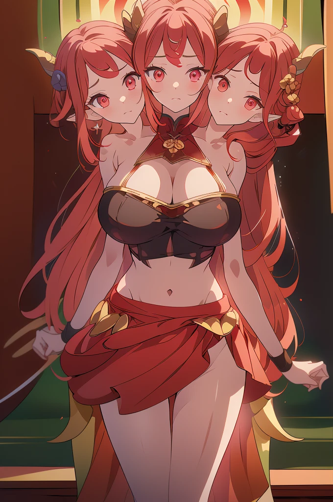 (masterpiece, best quality), best quality, (ultra-detailed), (3heads:1.5), 1girl, (Singyoku :1.3), masterpiece, best quality, ultra quality, ultra resolution, ultra detail, red top, crop top, ((stomach)), midriff, ((groin)), red skirt, normal ears, shackles, flowing red hair, very long hair, wavy hair, sidelocks, glowing red eyes, parted lips, detailed eyes, sweat, cute, toned belly, hand on own chest, eyelashes, (24 year old woman:1.3), (masterpiece:1.5), (best quality:1.5), (beautiful detailed), extremely detailed CG, extremely delicate and beautiful, depth of field, (finely detailed face), (perfect details:1.2), (mature female:1.3), wide pelvis, slender, large veiny breast, 16k resolution, highres, very high quality, very high definition, extremely detailed, masterpiece, flowing red hair, long hair, alluring presence, braid, short skirt, close up, big tits, huge tits, young, horns,