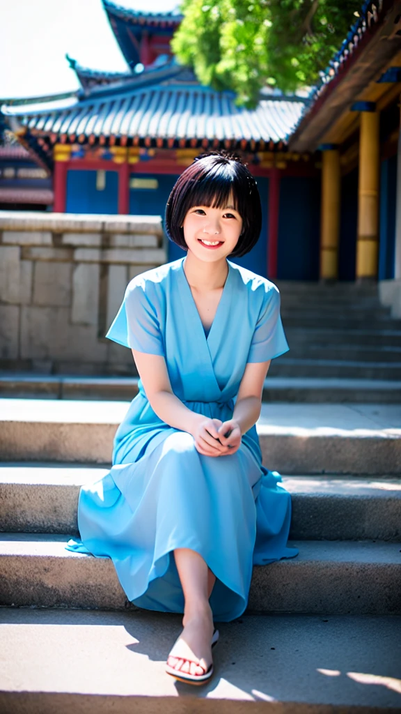 sayudef, full body, smile, blush, outdoors, daytime, simple background, blue sky, short hair, sky, temple, looking at the audience, sitting on the stairs, village, moody lights, semi-realistic portrait, blurred background, bokeh effects