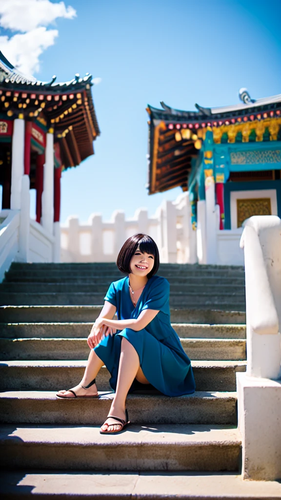 sayudef, full body, smile, blush, outdoors, daytime, simple background, blue sky, short hair, sky, temple, looking at the audience, sitting on the stairs, village, moody lights, semi-realistic portrait, blurred background, bokeh effects