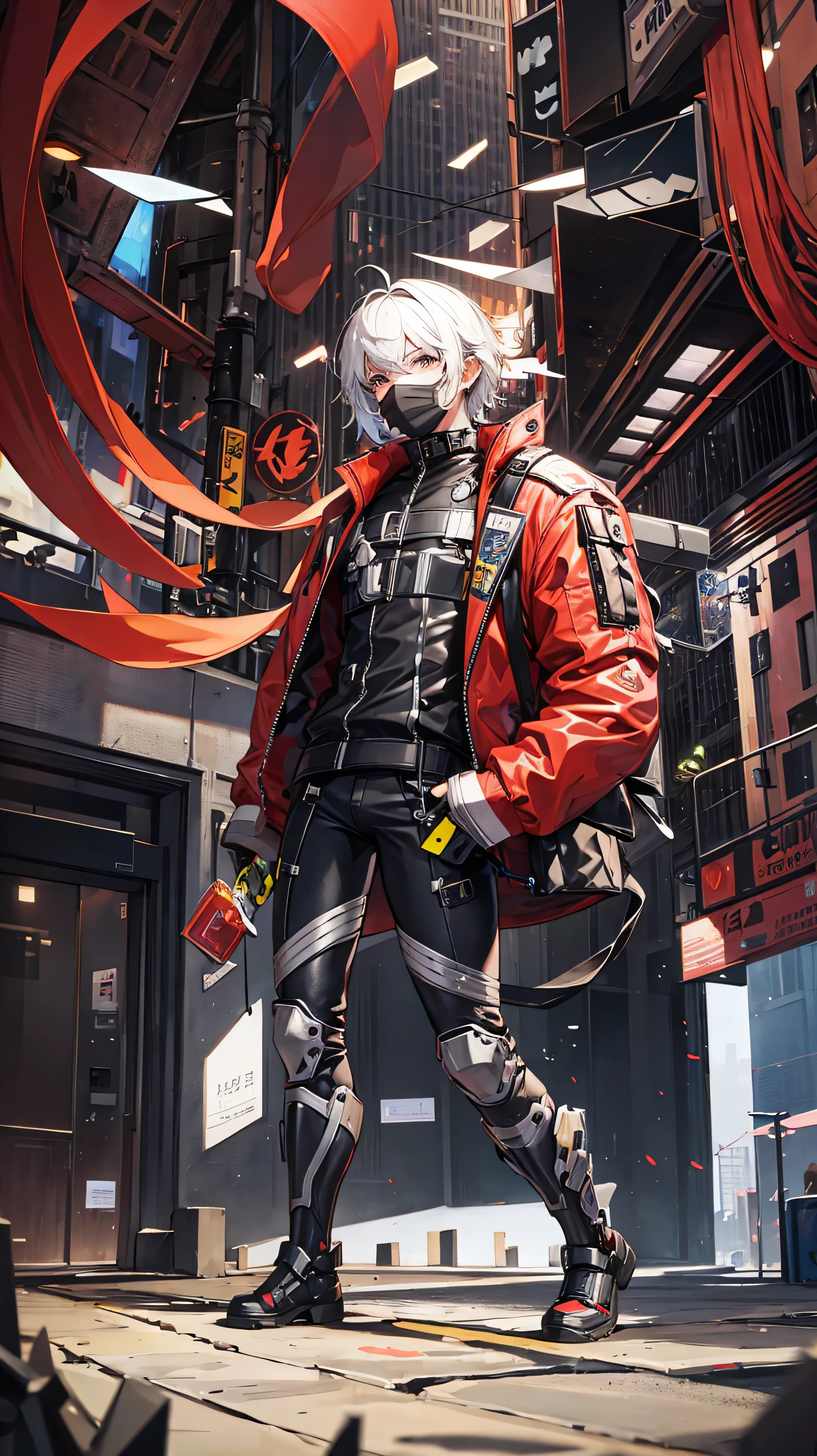 Futuristic male boy with mask in city full body