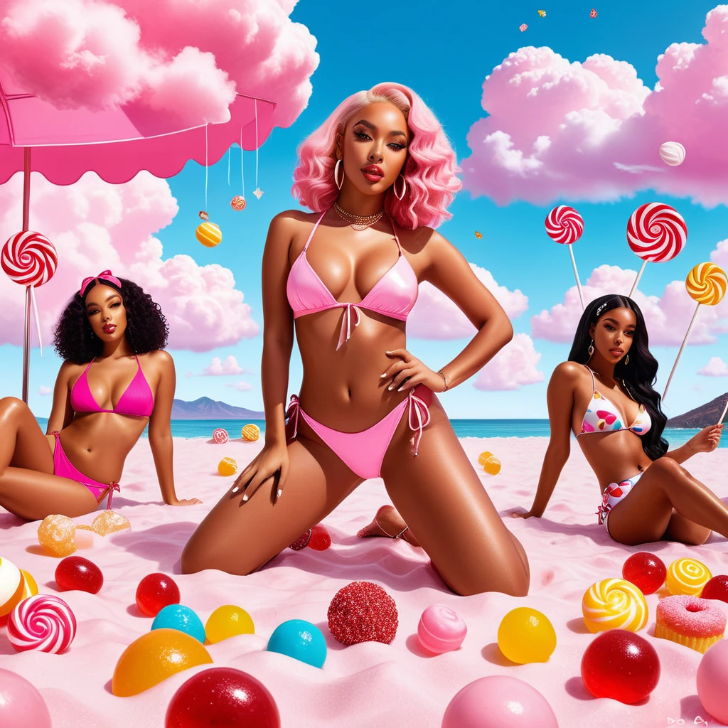 advertising poster, Promotional Photo of the Single Pop Rap CALIFORNIA GIRLS by the artist called Doja Cat, in the pink clouds dressed in bikinis, spread across the image various sweets, candies, lollipops, jellies, hair down to the feet, big ass, perfect body, landscape fantastic,