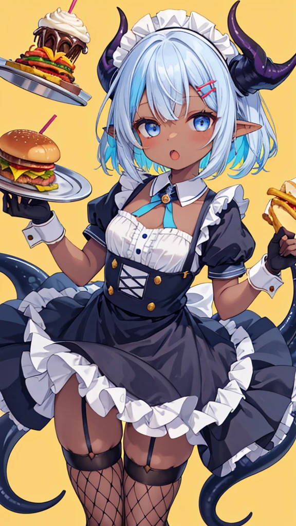 1girl, solo, looking at viewer, short hair, open mouth, blue eyes, simple background, hair ornament, thighhighs, gloves, dress, holding, blue hair, tail, white hair, short sleeves, multicolored hair, frills, food, horns, pointy ears, black gloves, hairclip, puffy sleeves, dark skin, apron, collar, two-tone hair, dark-skinned female, cup, puffy short sleeves, wrist cuffs, maid, maid headdress, colored skin, garter straps, monster girl, single thighhigh, fishnets, yellow background, tentacles, cropped legs, tray, oni horns, drinking straw, colored inner hair, holding tray, fishnet thighhighs, burger, french fries