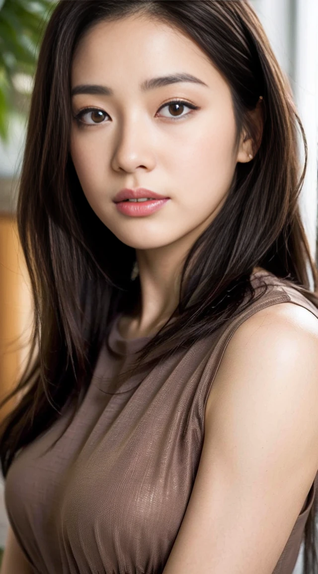 Dark brown hair、Light brown eyes、Japanese actress face、 Lady、I&#39;Iは彼とIが好きです&#39;I&#39;Iは40歳くらいです.、(Intricate details:1.2)、(Which one is on top??:1.4)、 (Ultra-high resolution:1.2)、Ultra-high resolution、(Finely tuned)、(Detailed facial features)、Hmph、8K resolution、D cup size breasts、Long Hair、Highest quality，masterpiece，Ultra-high resolution，（realism：1.4），Original photo，1 Girl，Take off the shoulder，Long white hair，Facial highlights，bed，Pure，Girlish，18-year-old，Spaghetti Strap Dress，Silk texture，full、