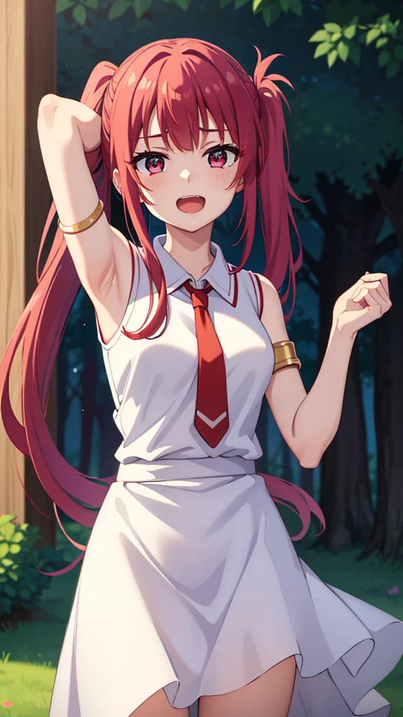 masterpiece, best quality, highres, long hair, red hair, side ponytail, red eyes, blue shirt, shorts, sleeveless, gold armlet, red tie, (white dress), long dress, long hair, purple hair, sleeveless, silver headdress, blue eyes, happy, open mouth, cowboy shot, Forrest