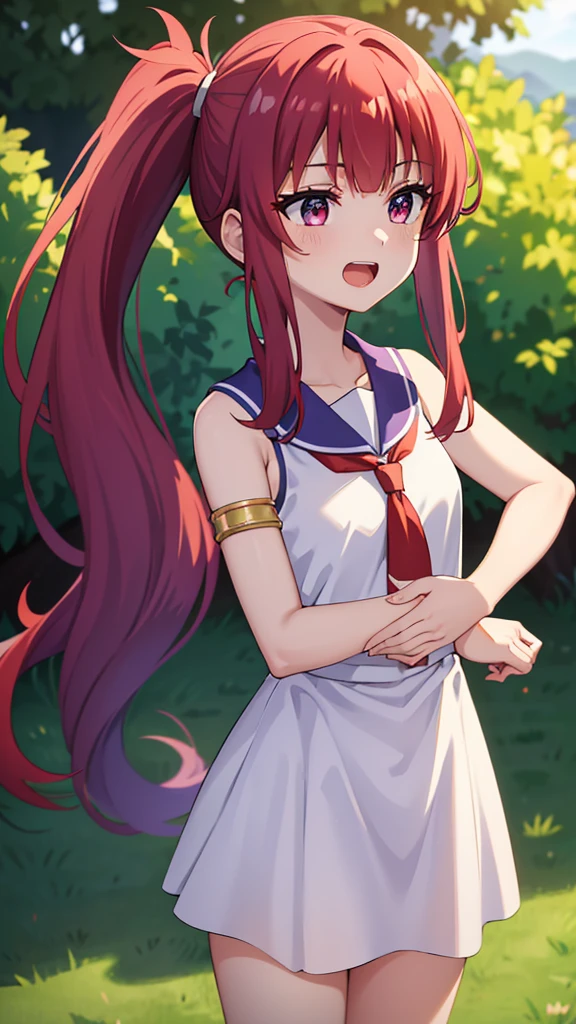 masterpiece, best quality, highres, long hair, red hair, side ponytail, red eyes, blue shirt, shorts, sleeveless, gold armlet, red tie, (white dress), long dress, long hair, purple hair, sleeveless, silver headdress, blue eyes, happy, open mouth, cowboy shot, Forrest