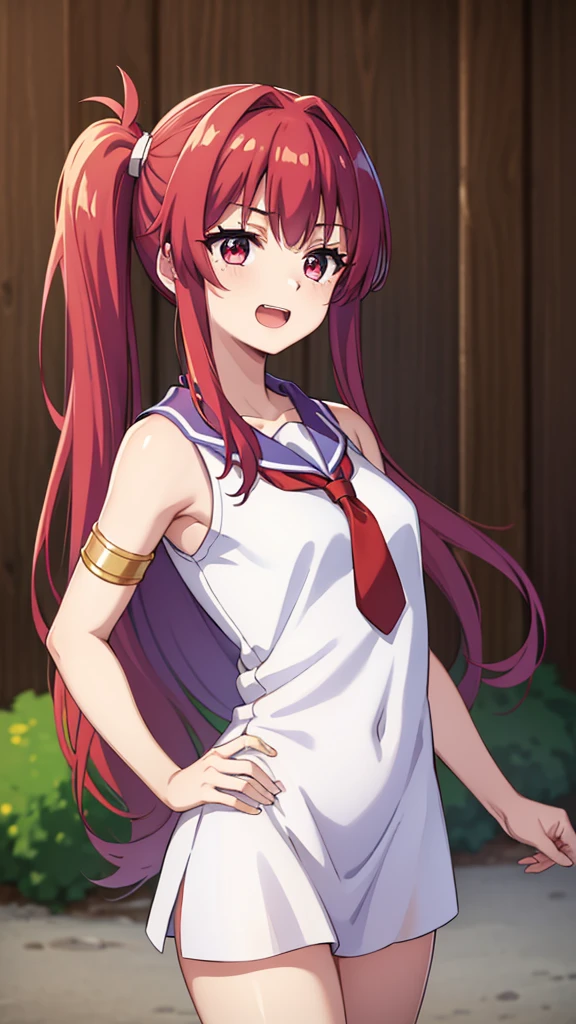 masterpiece, best quality, highres, long hair, red hair, side ponytail, red eyes, blue shirt, shorts, sleeveless, gold armlet, red tie, (white dress), long dress, long hair, purple hair, sleeveless, silver headdress, blue eyes, happy, open mouth, cowboy shot, Forrest