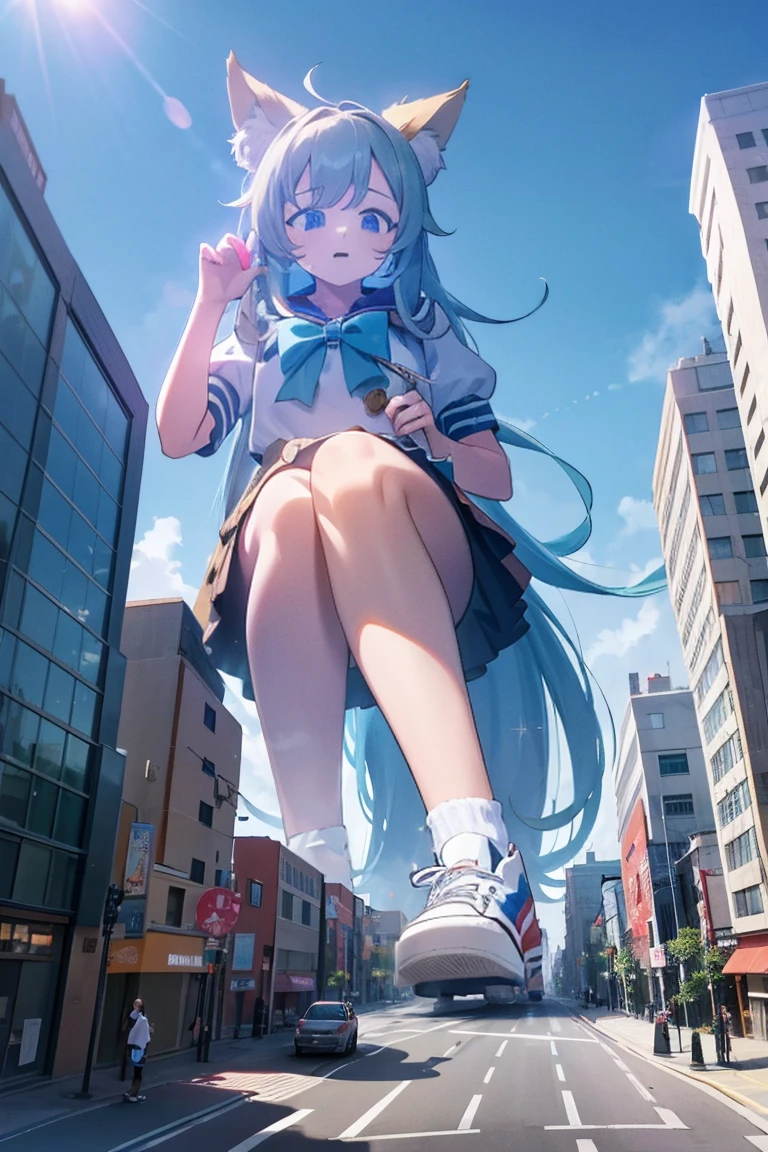 Huge teenage kitsune girl in sneakers,A girl taller than a building,a sailor suit,short skirt,Squatting maiden, bueatyful face