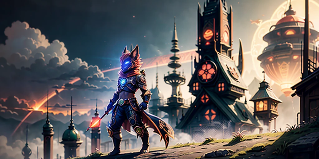 Ancient anime style, artbook, comicbook, RPG, futuristic medieval. Goblin fox warrior, dark red skin, with human face with light red glowing tribal magical tattoos, goblin base with fox features, neon details, with technological tribal armor with glowing magical markings, full body, bare feet, spear with magical markings shiny. Epic scene, wide and deep scenery, with several depth planes, stylish and dynamic pose. In the middle of a magical steampunk technological village, mixing technology and vegetation, buildings with neon details and glowing magical vegetation, magical technological airships with shiny details inspired by ships flying in the sky.