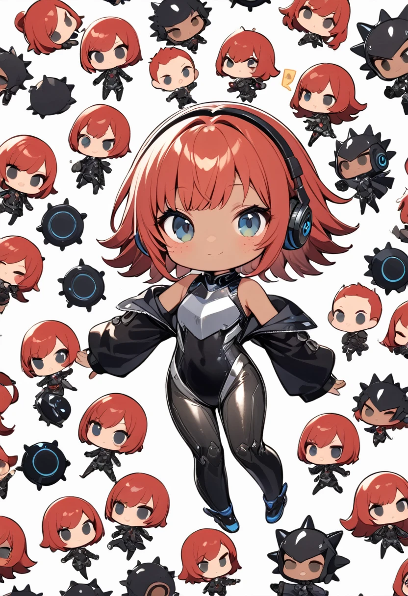 full body,1 girl,(cute:1.3),short, spiky, red Hair, left eye blue, right eye yellow, tan skin, freckles,{White breastplate, Black futuristic headphones, Mechanical black glossy metallic Bodysuit, Bare shoulders, oversized jacket, Glossy, shiny material,chibi emote, chibi character