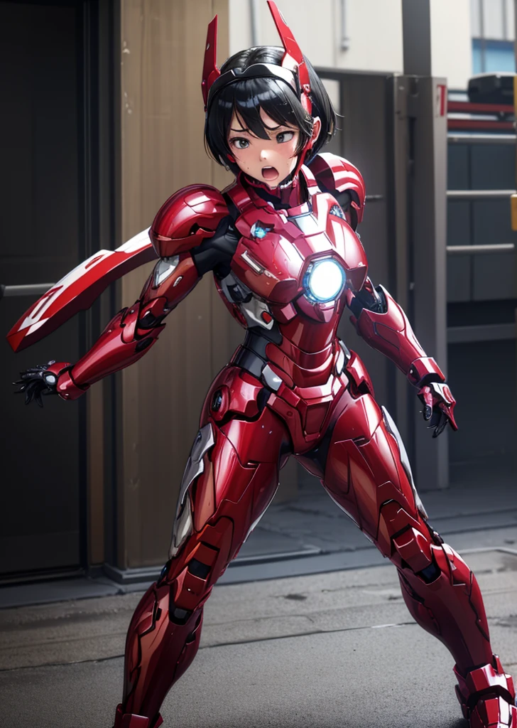 Female Iron Man(Red and Black)、shine、Shortcuts、Textured skin, Super detailed, Attention to detail, high quality, 最high quality, High resolution, 1080P, hard disk, beautiful,(Gundam),beautifulサイボーグ女性,Mecha Cyborg Girl,Battle Mode,Woman with a mechanical body,Full Body Shot、Visor of close-fitting headgear opens、I can see your true face Expression of bitterness、Sweaty face、、Squint your eyes、、humid、Soaking wet、、Steam coming out of the head、Spread your legs、Embarrassed face、Open your mouth、Hold your face Boyish black hair Short-haired Soaking wet (Lie on your back with your limbs spread) (emergency)
