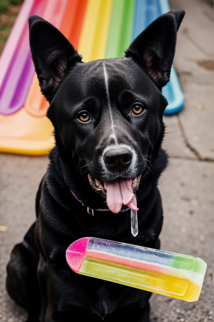 Black french dog with rainbow licking an ice pop
