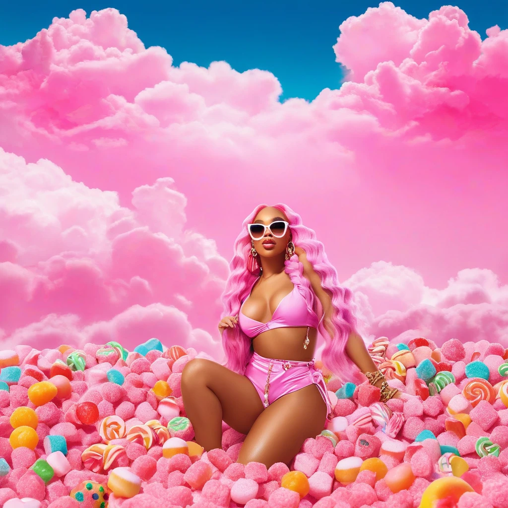 advertising poster, Promotional Photo of the Single Pop Rap CALIFORNIA GIRLS by the artist called Doja Cat, in the pink clouds dressed in bikinis, spread across the image various sweets, candies, lollipops, jellies, hair down to the feet, big ass, perfect body, landscape fantastic,