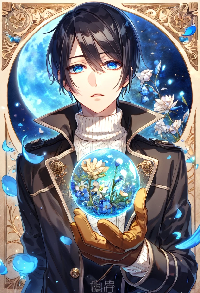 absurdres, highres, ultra detailed, HDR, master piece, Yoite, black hair, expressive blue eyes, black trench coat, white sweater, Nabari No Ou, sexy man, light brown beige cap, brown gloves, handsome, best quality, blue moon, flowers, fantasy, magical, solo, water, blue shining fireflies, blue petals,