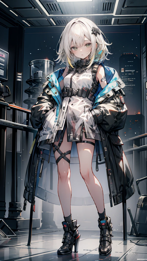 1 girl, short yellow hair, cyberpunk, Alice in Wonderland, black high heels, hand in pocket, best quality, 4k, 8k, highres, masterpiece:1.2, ultra-detailed, realistic, photorealistic, photo-realistic:1.37, HDR, UHD, studio lighting, ultra-fine painting, sharp focus, physically-based rendering, extreme detail description, professional, vivid colors, bokeh, concept art