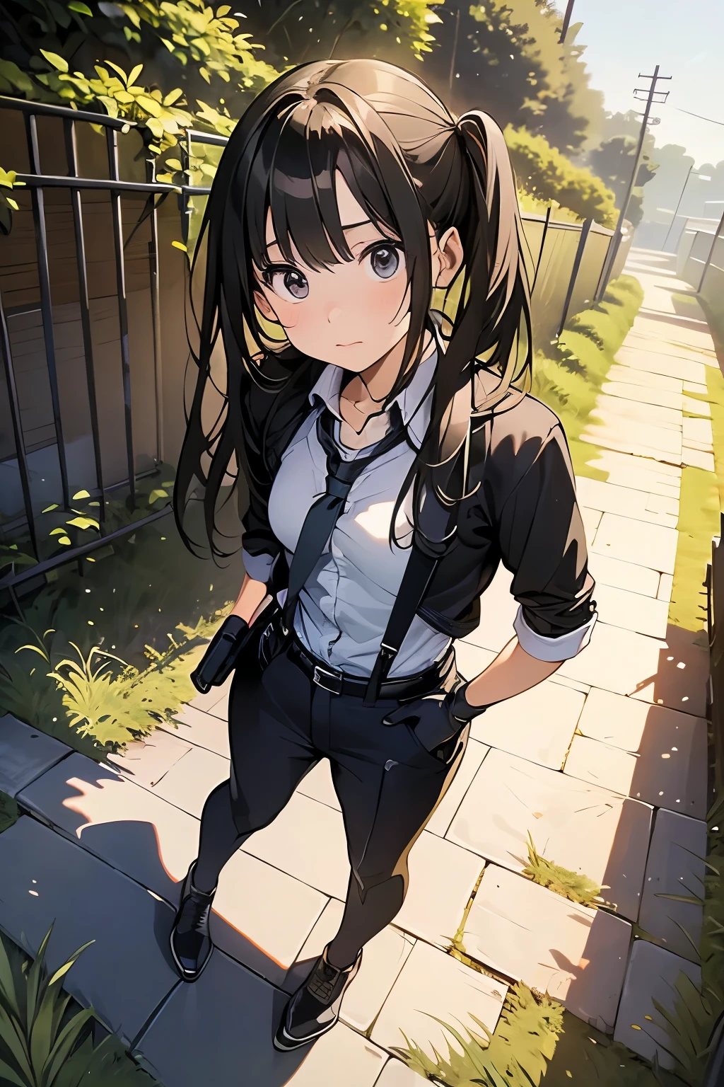 high quality, masterpiece, Ultra-high resolution, (realism: 1.4), Oil painting style, Cinema Lighting, An endless grassland dotted with a few houses, I stood on the empty asphalt road and looked at it., Fairy Mountain々was shrouded in mist, And the suspenders with the cranes flying Moderate breasts Small face holster Lying in bed Looking up Sweat belt summer 脇Sweat Black Hole Gloves suit shirt Black jacket Black trousers Leg Links ズボンにbelt holster Hands behind your back Anxious expression Looking up Anxious face