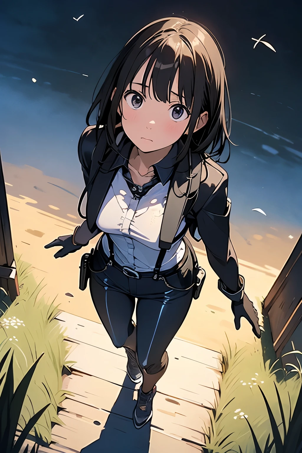 high quality, masterpiece, Ultra-high resolution, (realism: 1.4), Oil painting style, Cinema Lighting, An endless grassland dotted with a few houses, I stood on the empty asphalt road and looked at it., Fairy Mountain々was shrouded in mist, And the suspenders with the cranes flying Moderate breasts Small face holster Lying in bed Looking up Sweat belt summer 脇Sweat Black Hole Gloves suit shirt Black jacket Black trousers Leg Links ズボンにbelt holster Hands behind your back Anxious expression Looking up Anxious face