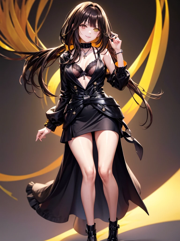1 woman,long hair,brown hair,yellow eyes,Wear a black cropped waist dress.,Wear a black miniskirt.,Wear a small cross necklace.,Put on the bracelet.,Wear a small collar,Light makeup,Smiling, turning towards the camera,Wear black stockings,Not a bra,Not wearing underwear,fat,Big tits,big thighs