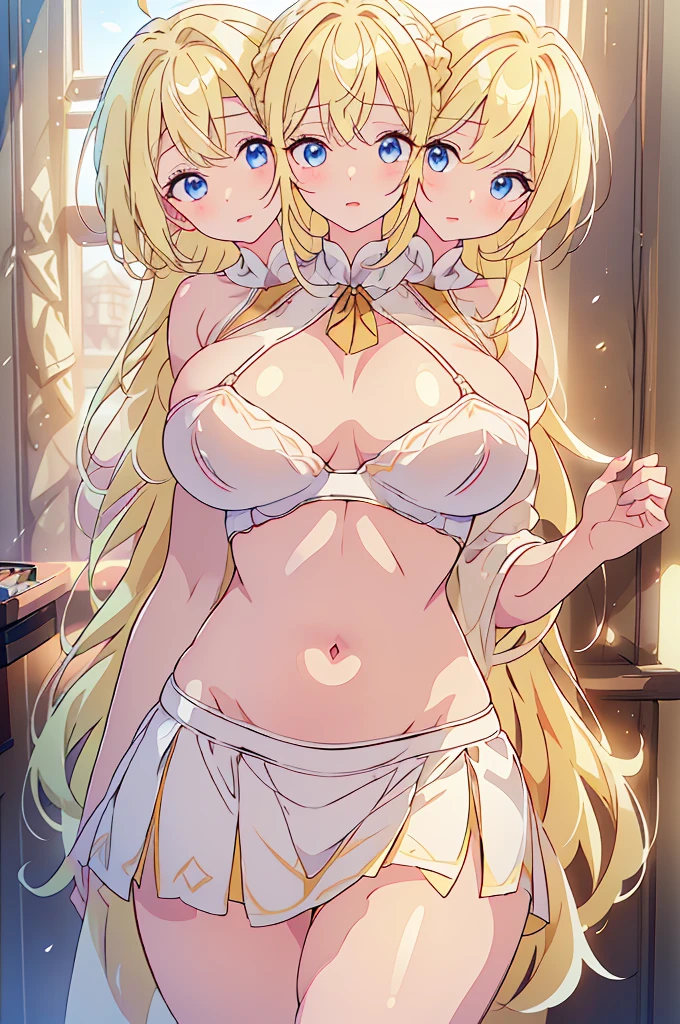 (masterpiece, best quality),best quality, best resolution, (ultra-detailed), (3heads:1.5), 1girl, (lily white:1.3), masterpiece, best quality, ultra quality, ultra resolution, ultra detail, white top, crop top, ((stomach)), midriff, ((groin)), white skirt, normal ears, shackles, yellow hair, very long hair, wavy hair, sidelocks, blue eyes, very detailed eyes, very beautiful eyes, parted lips, sweat, cute, open belly, toned belly, hand on own chest, eyelashes, (23 year old woman:1.3), (masterpiece:1.5), (best quality:1.5), (beautiful detailed), extremely detailed CG, extremely delicate and beautiful, depth of field, (finely detailed face), (perfect details:1.2), (mature female:1.3), wide pelvis, slender, large veiny breast, 16k resolution, highres, high quality, high definition, extremely detailed, masterpiece, yellow hair, long hair, alluring presence, braid, short skirt, close up, very big tits, huge tits, young, exposed midriff,